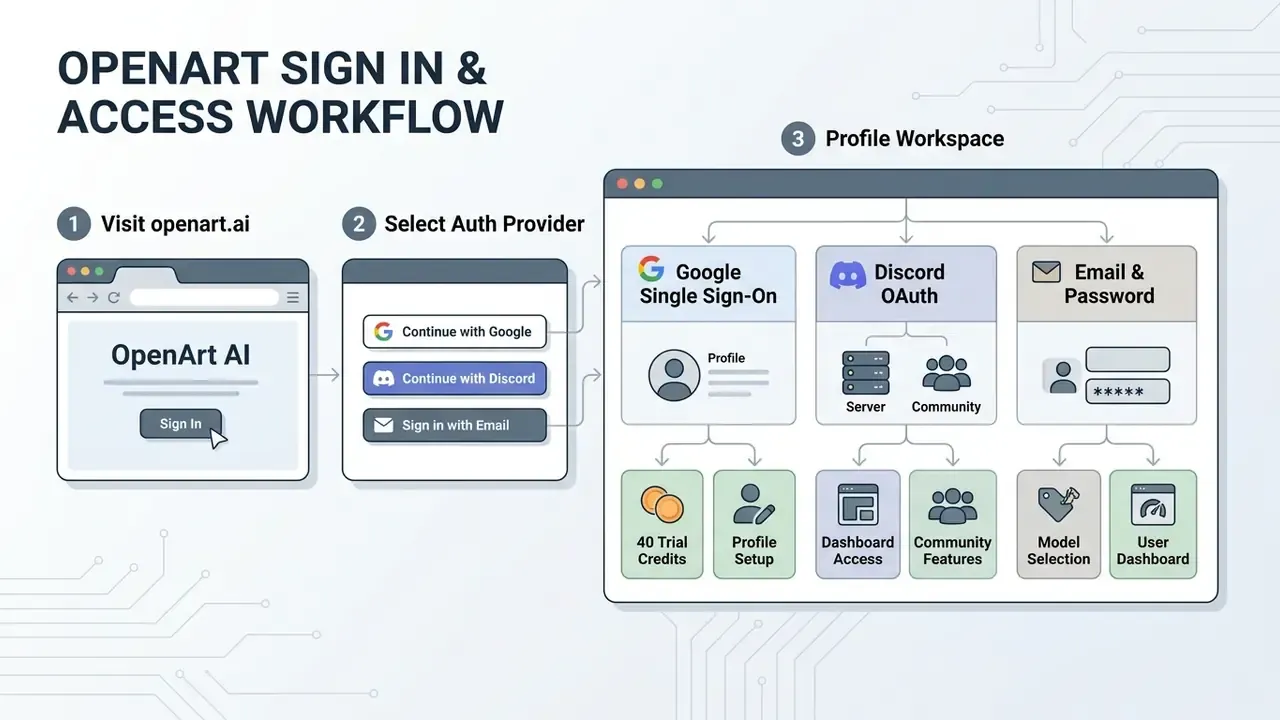 Step-by-step diagram showing the OpenArt AI sign-in process and profile workspace access