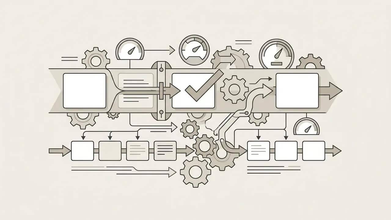 Two parallel tracks with gears and gauges monitoring data flow through text boxes and check marks
