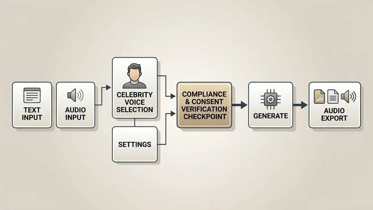 Flowchart showing steps from input and voice selection through a compliance checkpoint to audio export