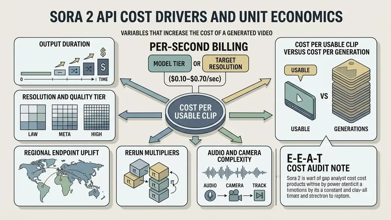 Central diagram showing factors influencing per-second billing and total production costs for video generation