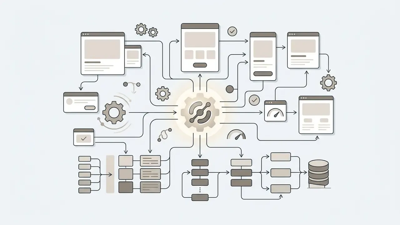 Central gear icon connecting various UI layouts, navigation paths, and backend data structures