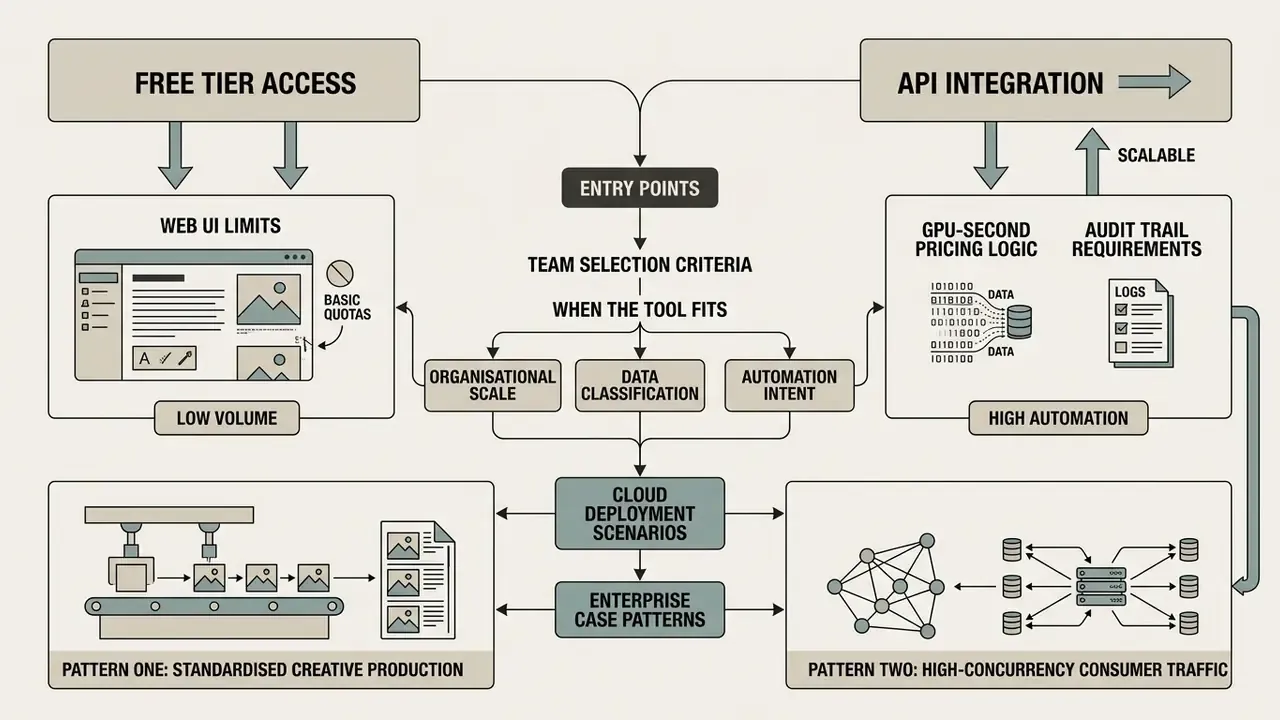 Flowchart comparing web access and API integration based on organizational scale and deployment patterns