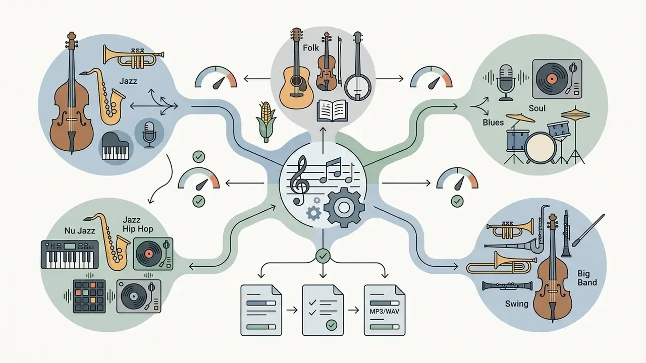 Musical instrument icons branching from a central hub to represent various genre styles for an ai song maker
