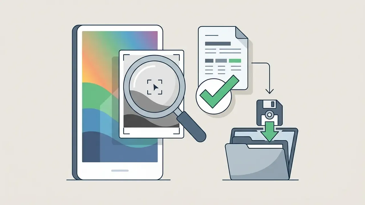 Magnifying glass inspecting a photo on a smartphone screen next to a verified document and a file folder