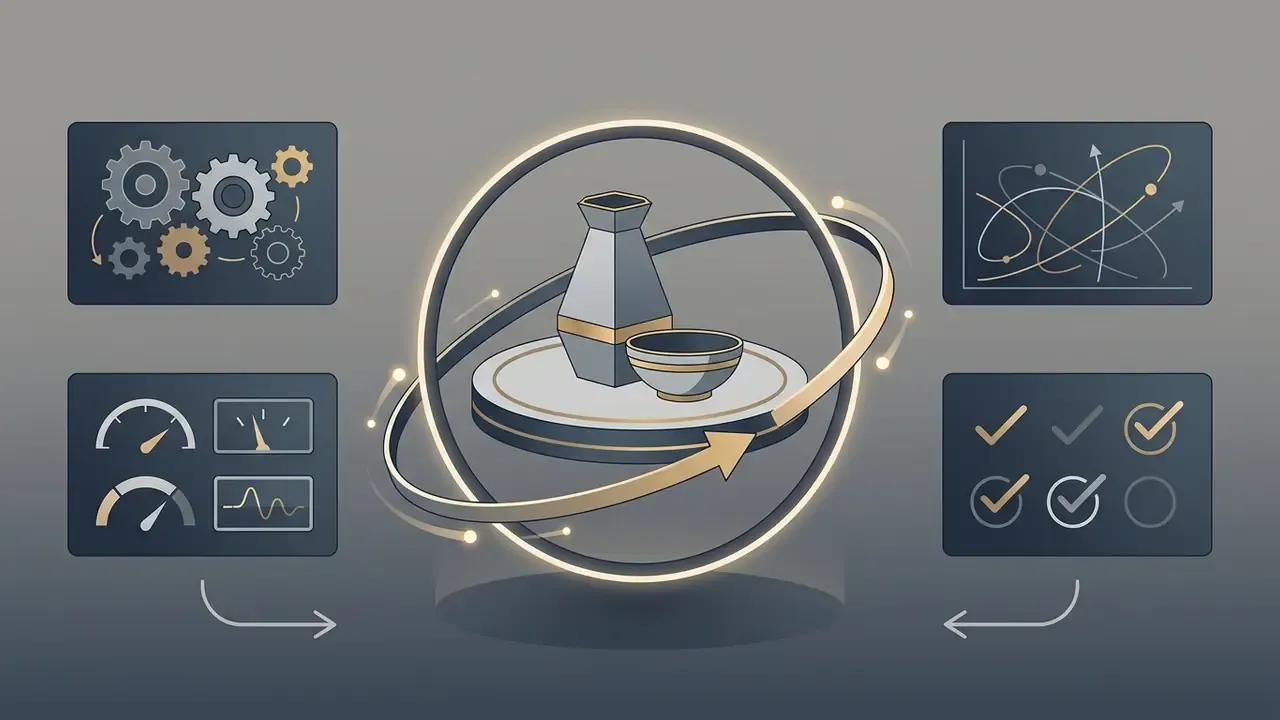 Ceramic vase and bowl on a rotating platform surrounded by gear, gauge, orbit, and checklist icons