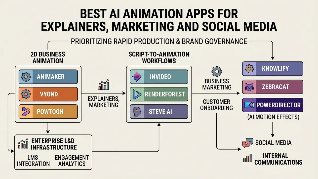 Categorization of AI animation tools based on business marketing, onboarding, and production workflows
