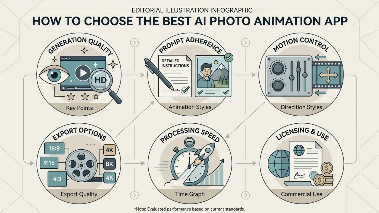 Six circular icons detailing key evaluation criteria for selecting an AI photo animation app