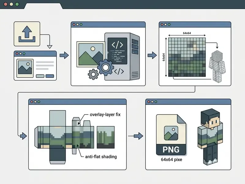 Diagram showing the responsive workflow to convert a photo into a Minecraft skin via an ai minecraft skin generator