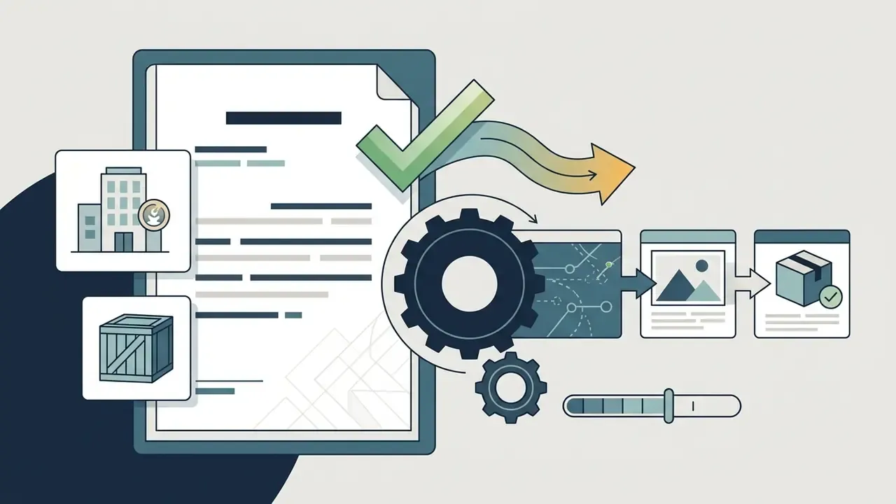 Document with business and logistics icons flowing through a gear system to create final product visuals