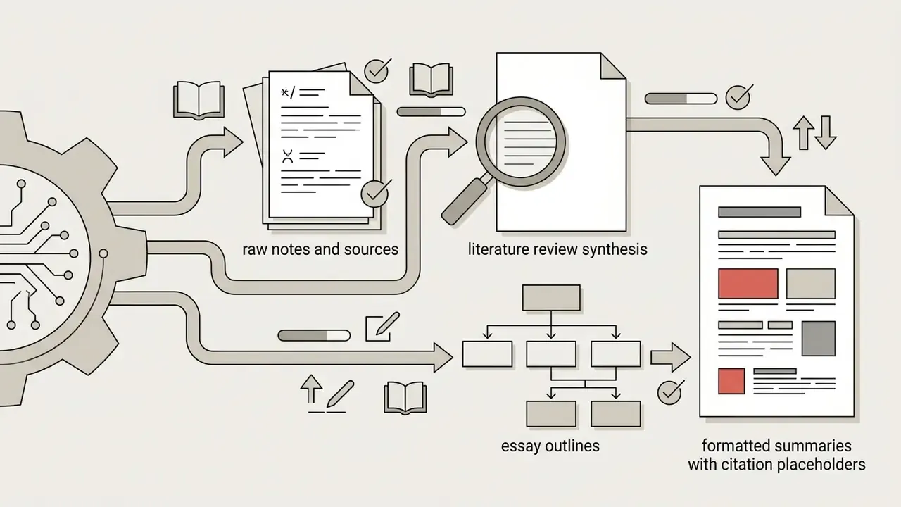 Digital gear icon processing raw notes into literature reviews, essay outlines, and formatted summaries
