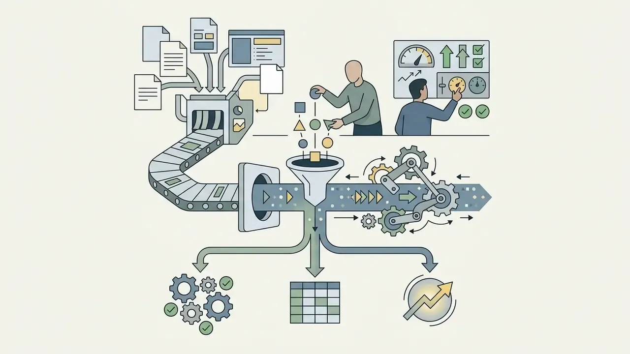 People sorting shapes into a funnel that feeds a conveyor belt system for data processing and analysis
