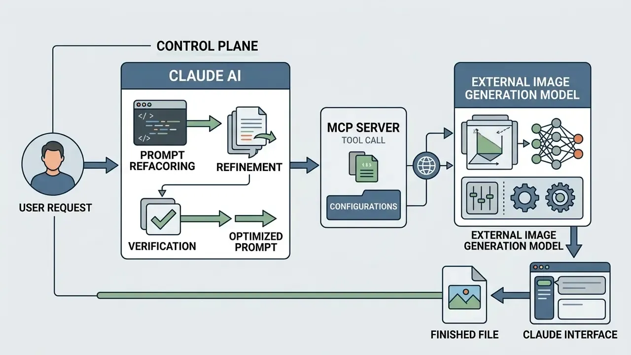 Workflow showing how Claude AI can generate images through MCP server orchestration and external models
