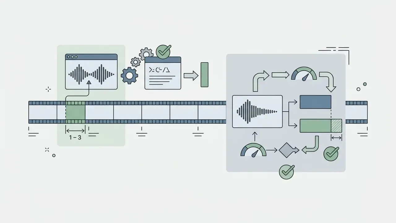 Film strip showing audio waveforms being adjusted and synced with timing indicators and checkmarks