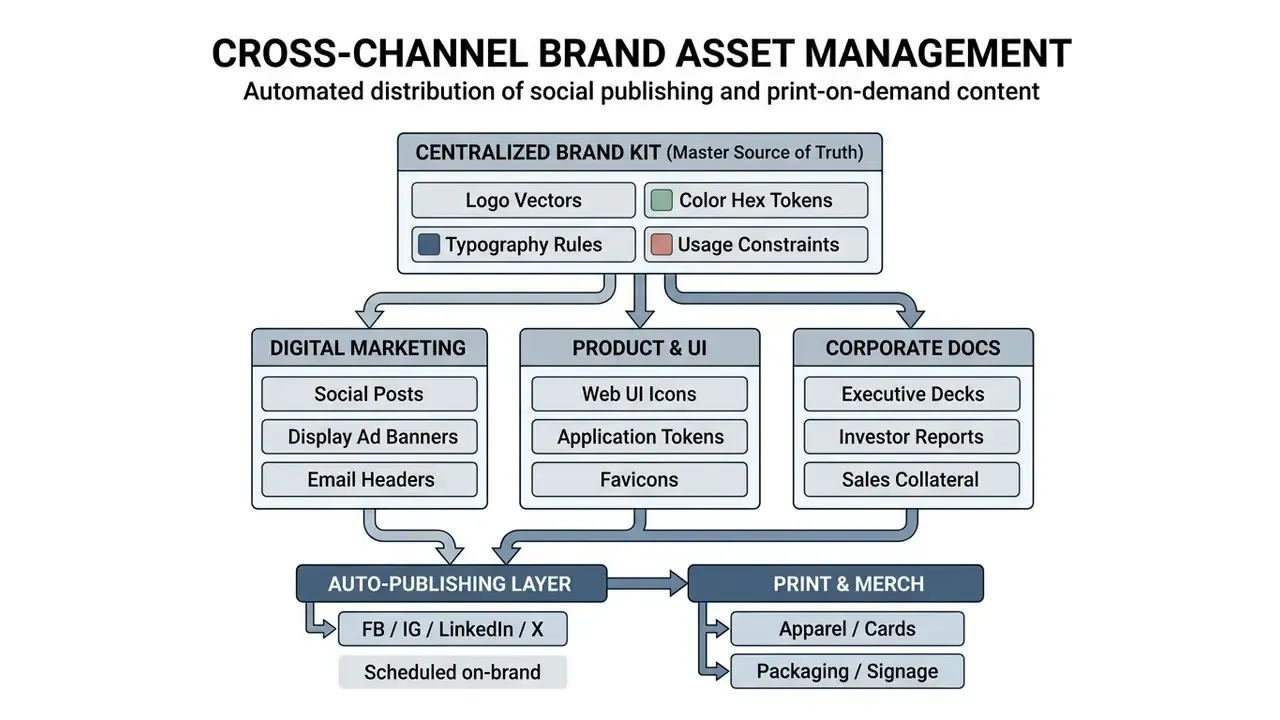 Centralized brand kit feeding into marketing, product, and document channels for automated distribution