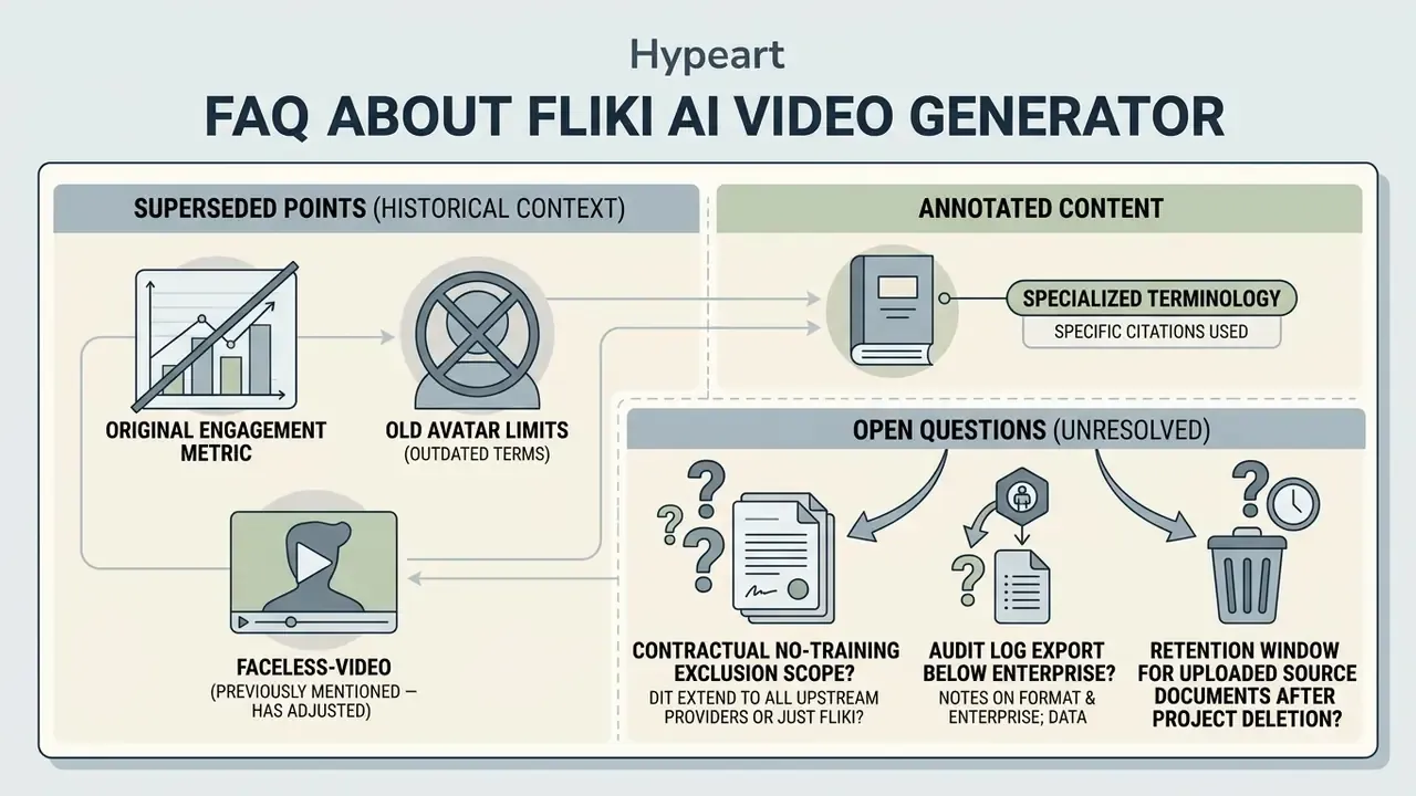 Summary of superseded Fliki AI video generator notes, annotated content, and unresolved open questions