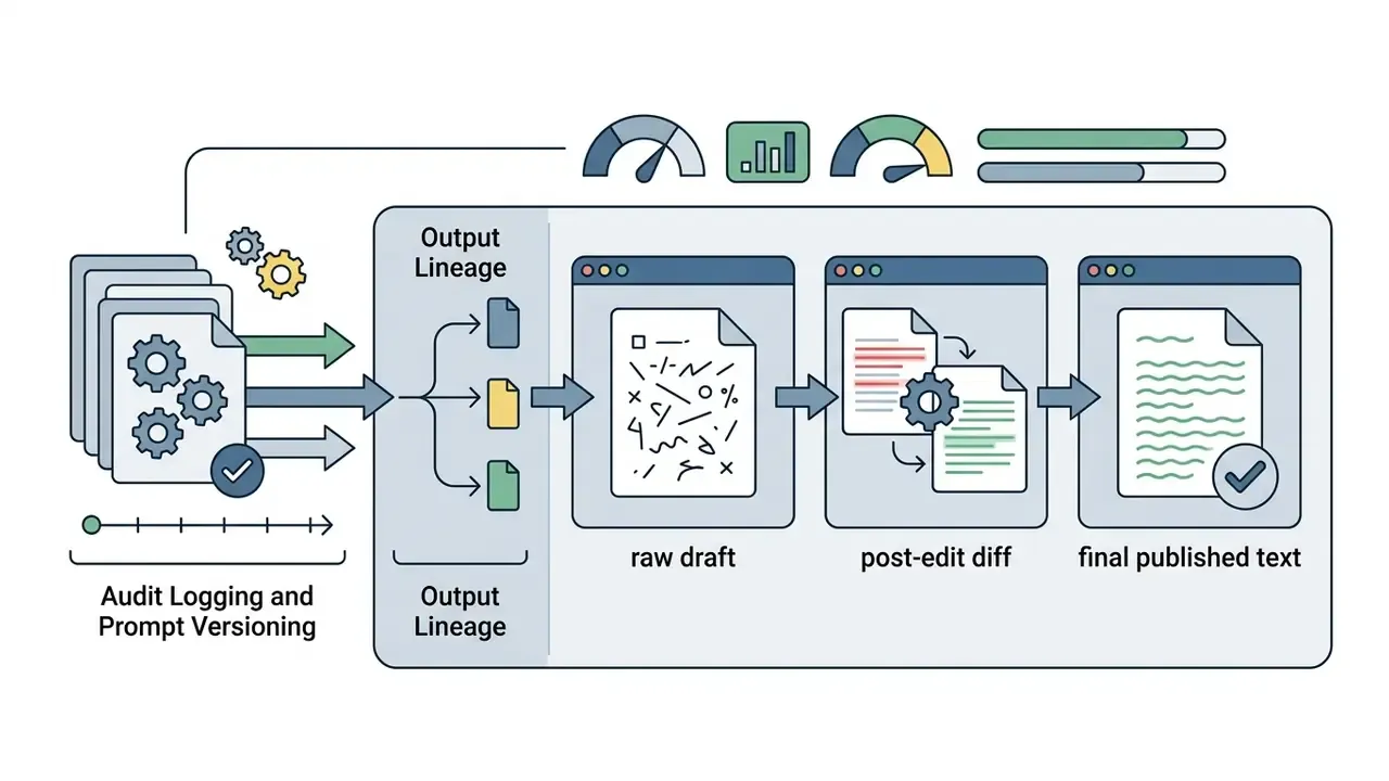 Document versions moving through a lineage process from raw draft to post-edit diff and final published text