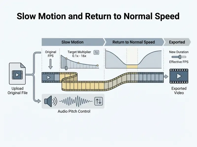 Flowchart showing video file processing with speed multipliers, audio pitch control, and duration changes