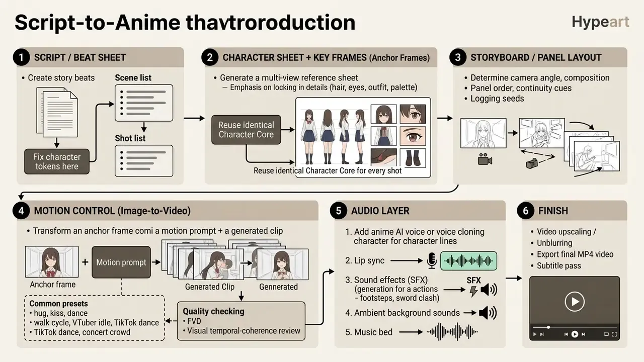 Six-step workflow diagram illustrating the process from script creation to final anime video production