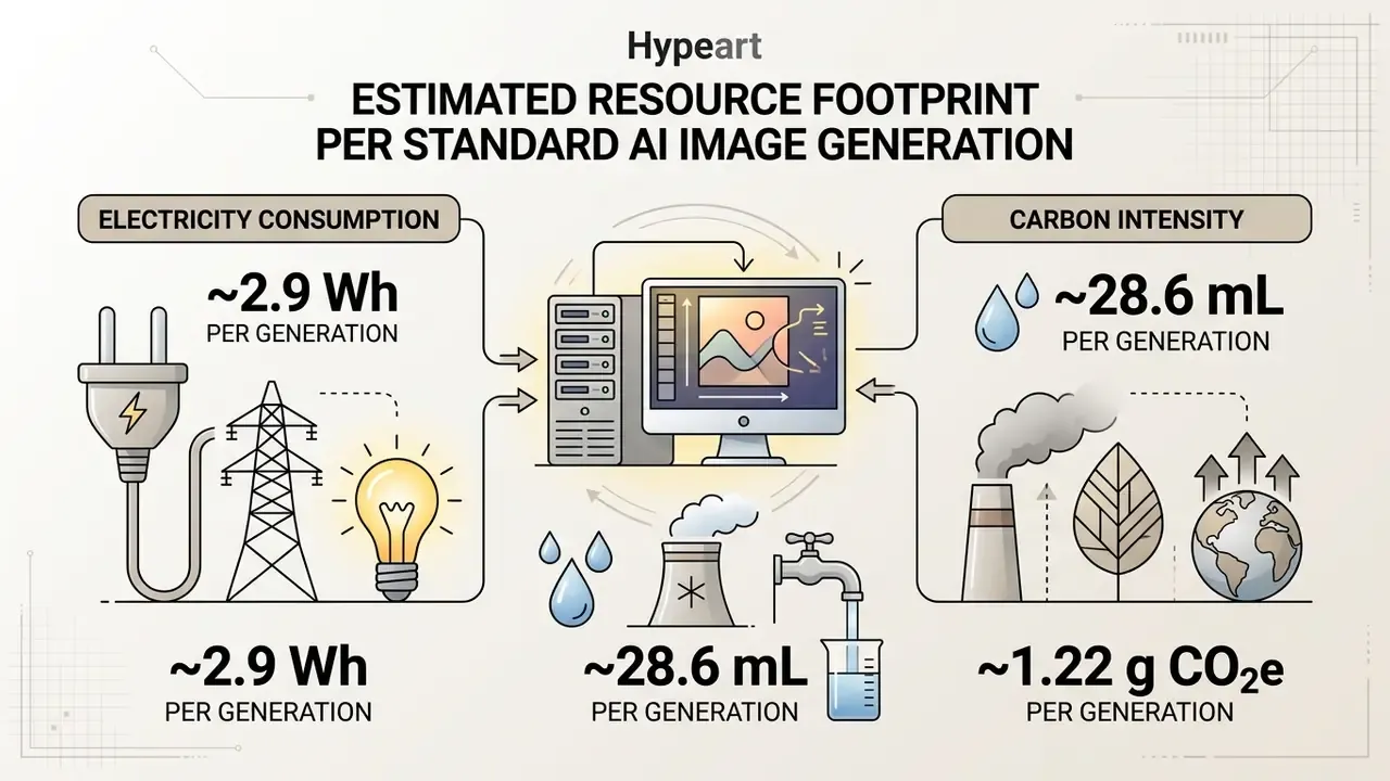 Infographic detailing electricity, water, and carbon costs associated with generating a single AI image