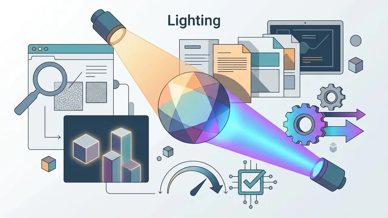 Spotlight shining through a faceted sphere to illuminate documents and digital design elements
