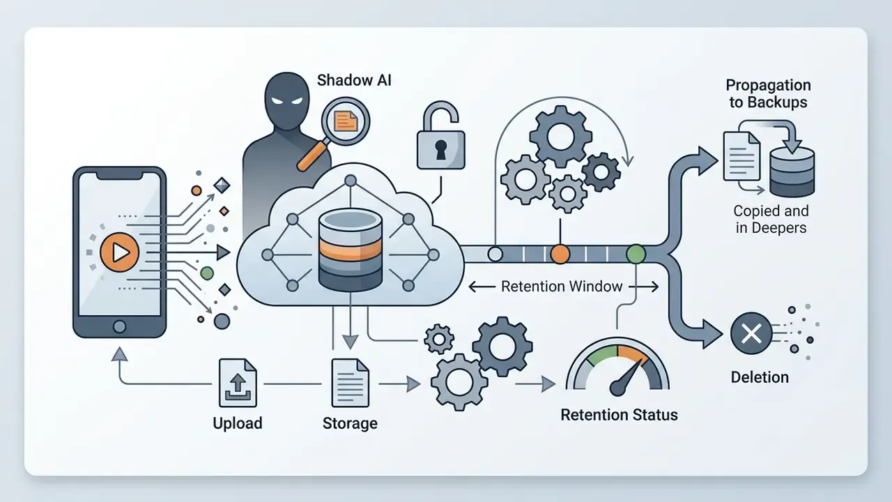 Mobile data flow showing cloud storage, retention windows, and the risks of shadow AI and backups