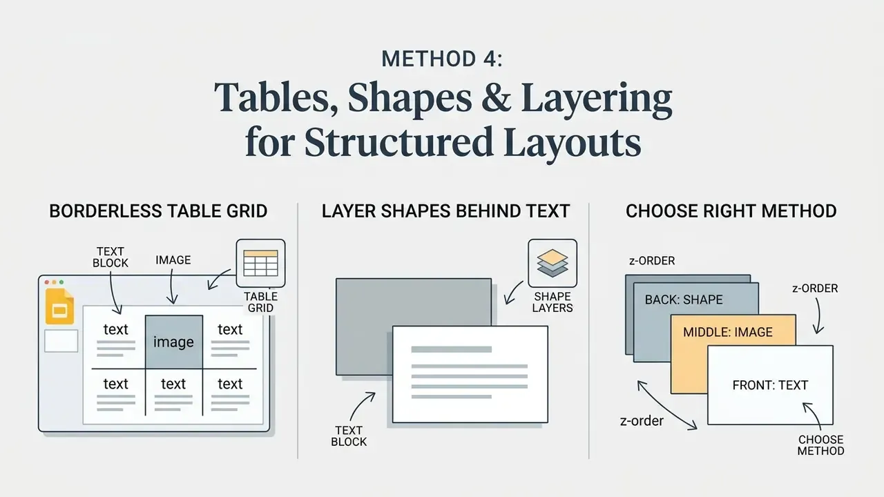 Diagram showing borderless tables, shape layering, and object z-ordering for Google Slides layouts