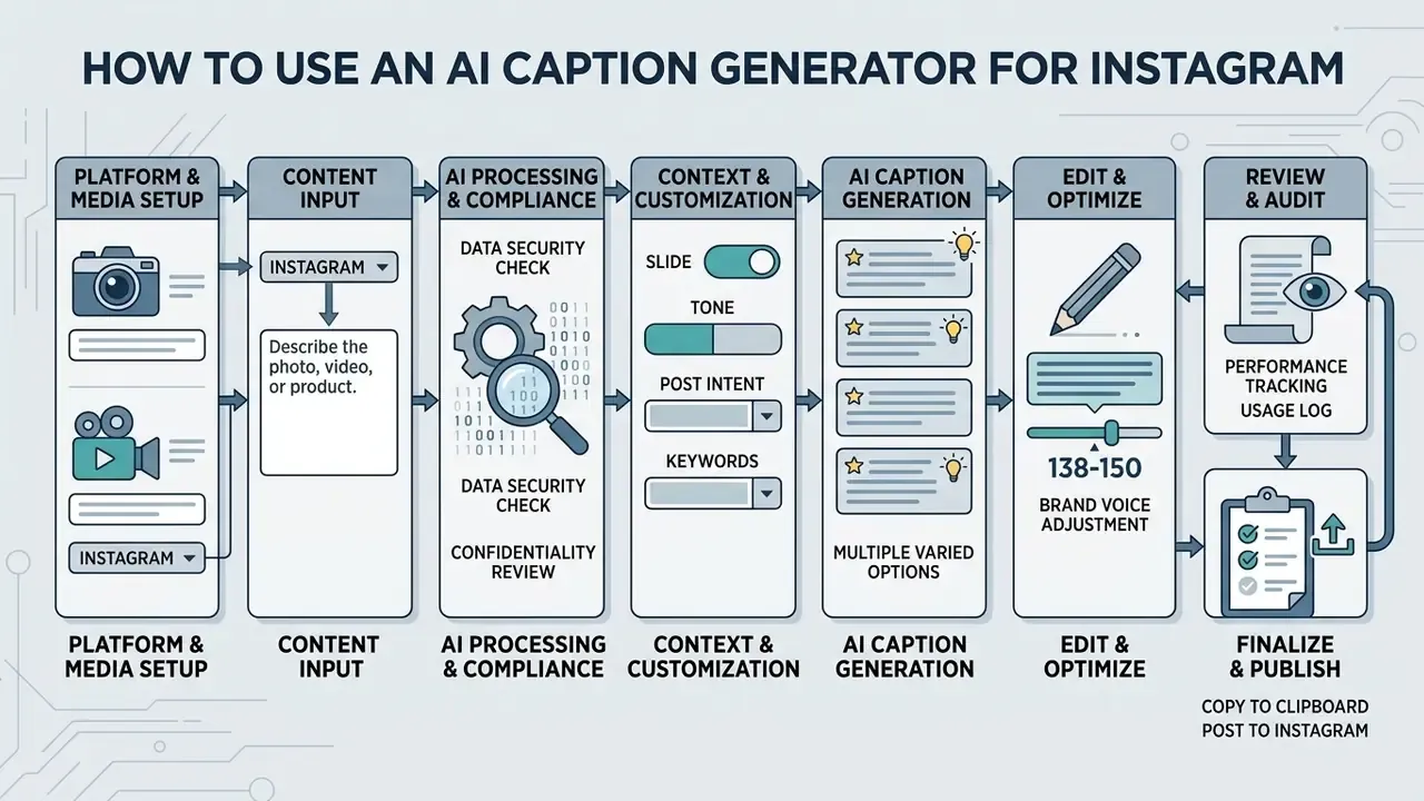 Step-by-step workflow for an AI Instagram caption generator from media input to final publication