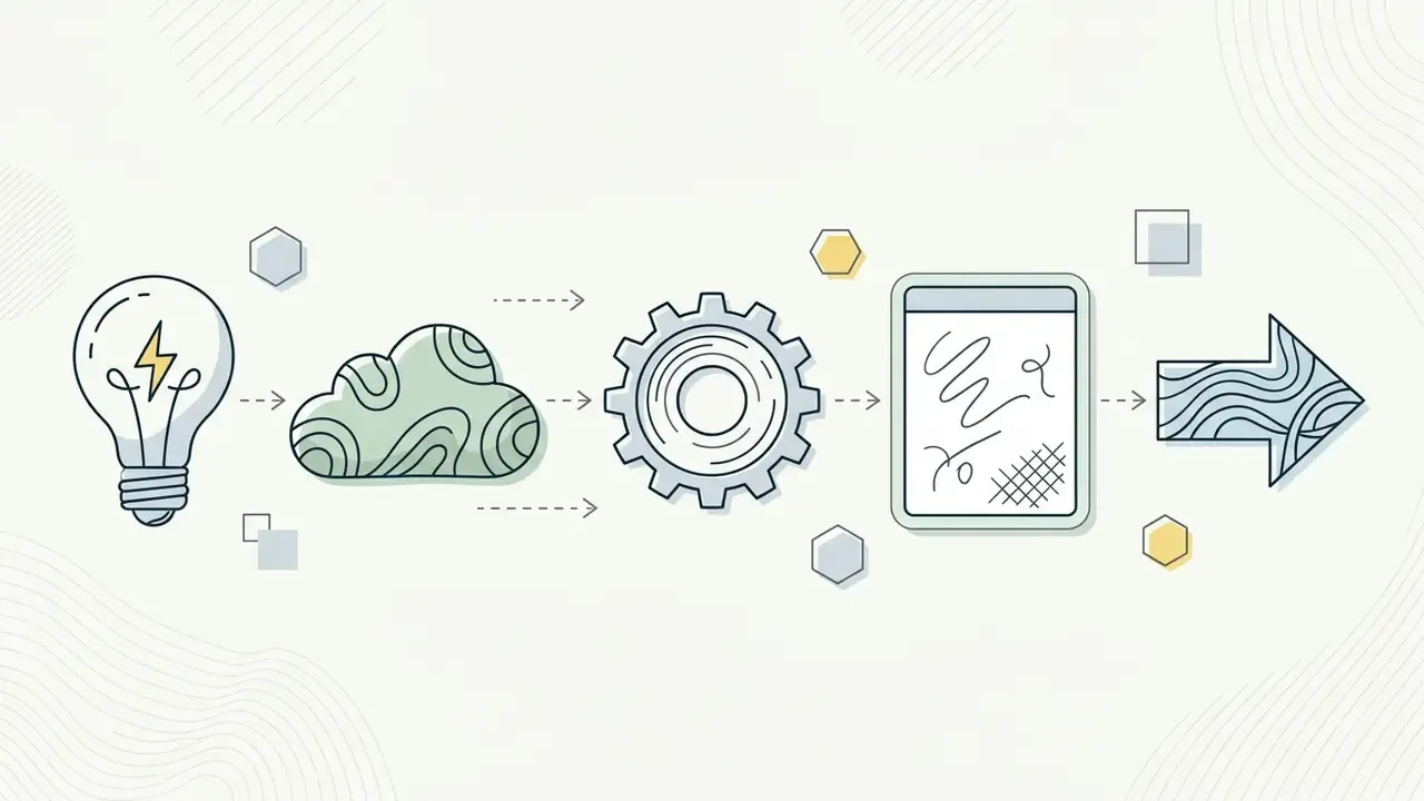 Lightbulb, cloud, gear, and tablet icons connected by arrows to show a digital design process