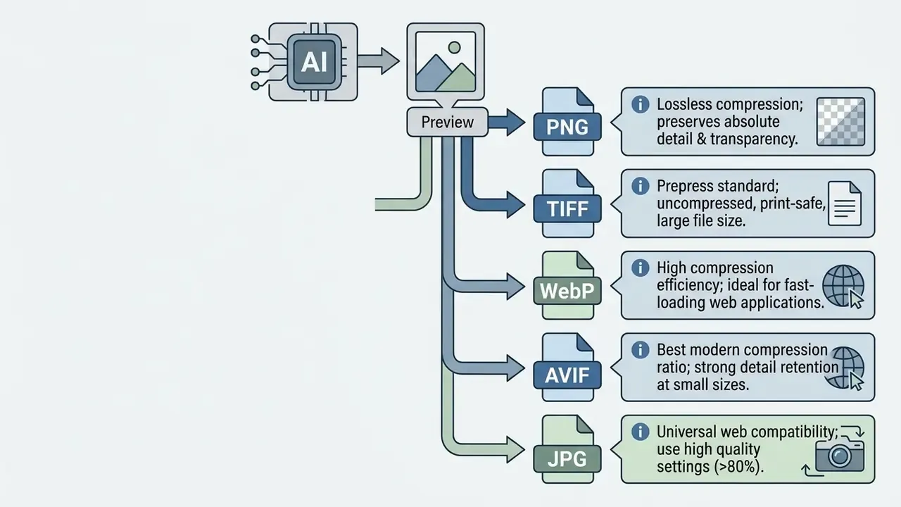 Flowchart showing AI image preview options and their specific file format export characteristics