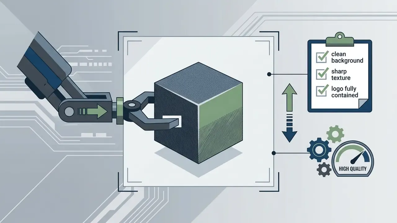 Robotic arm positioning a cube inside a frame with a quality checklist and a speed gauge