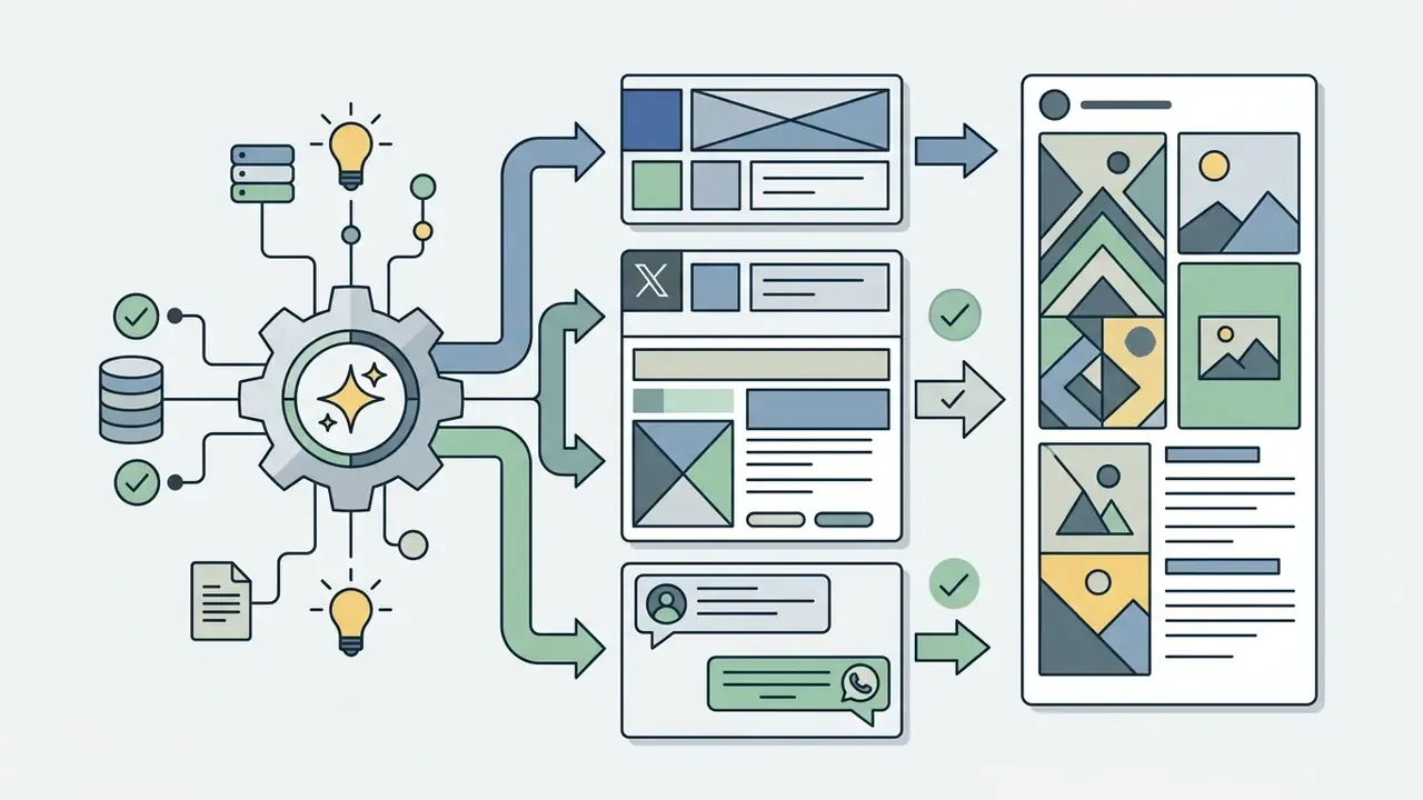Gear mechanism processing data inputs into platform specific layouts and vertical social media feeds