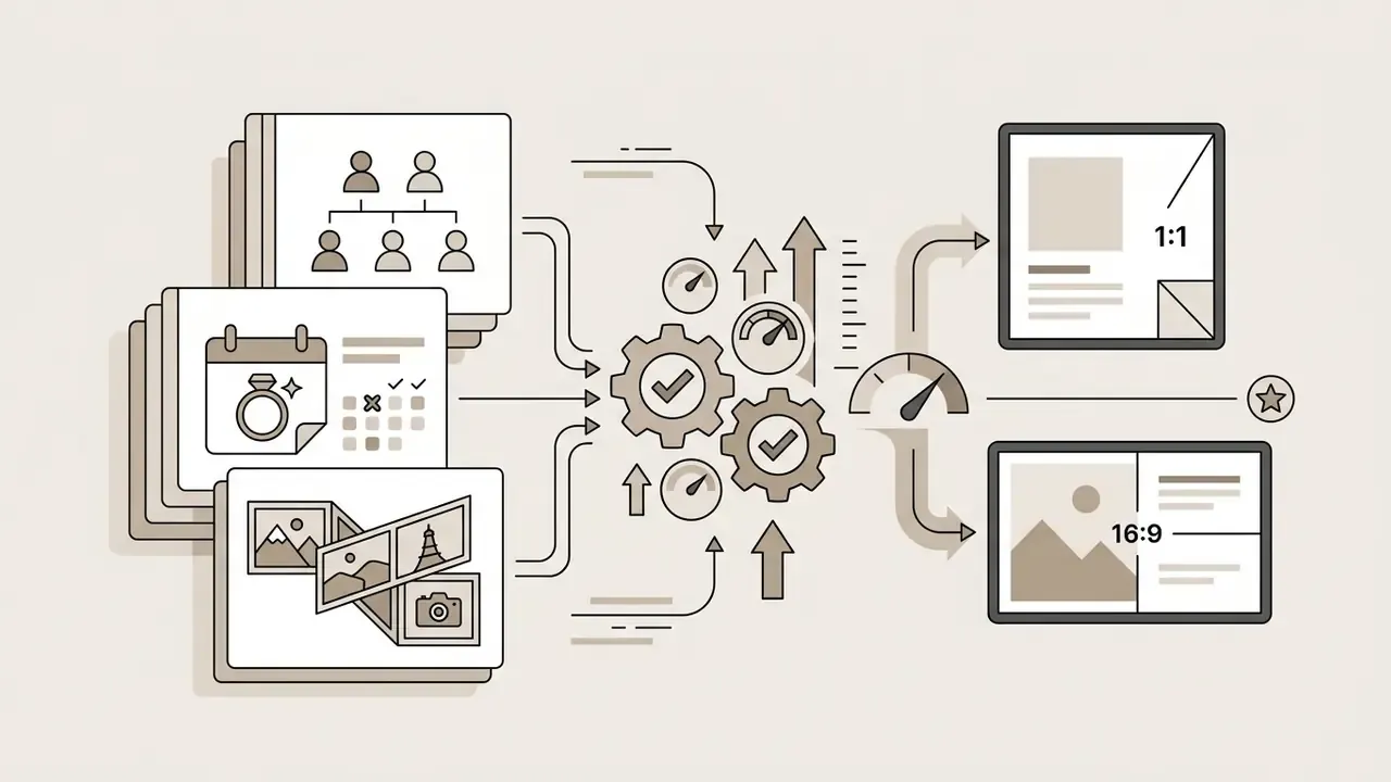 Family and event media files feeding into a central gear system to produce square and widescreen formats