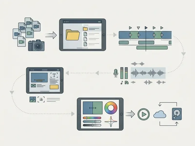 Step-by-step diagram showing the iPad video editing process from media import to final export