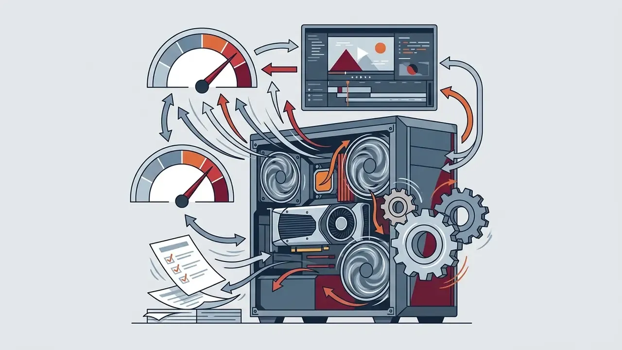 Desktop computer tower connected to a video editing interface and gauges indicating high system load