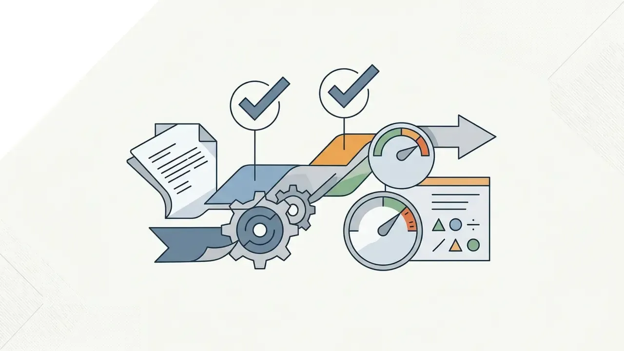 Icons of documents, gears, and gauges representing the assessment of design objectives and constraints