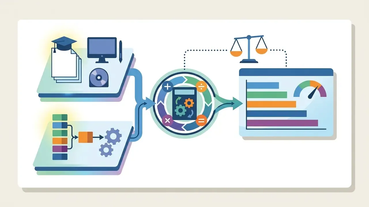 Academic and technical data flowing through a calculator hub to a balance scale and financial bar graph