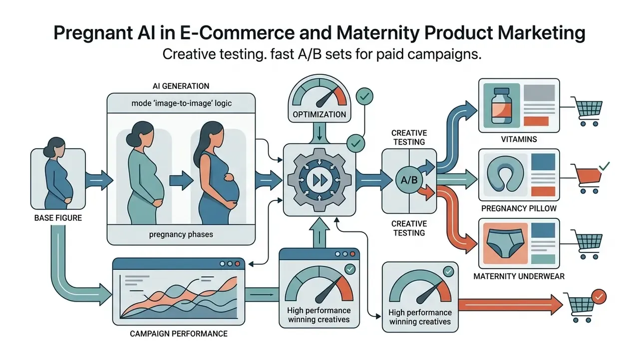 System showing base figure evolution, data optimization, and A/B testing for maternity product ads