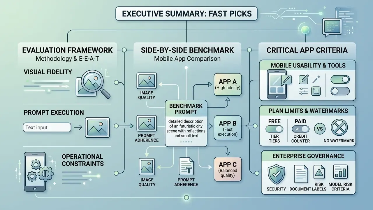Flowchart outlining the methodology for evaluating AI picture apps through benchmarks and criteria