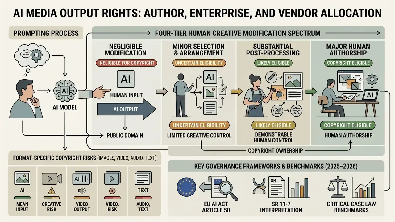 Diagram showing the four-tier human creative modification spectrum for copyrighting AI-generated content