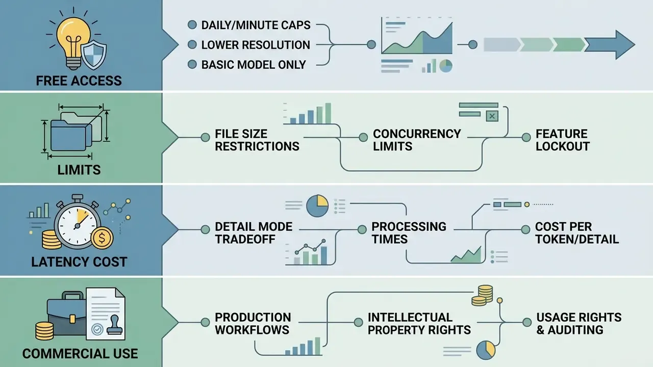 Horizontal breakdown of AI service tiers covering access limits, latency costs, and commercial usage rights