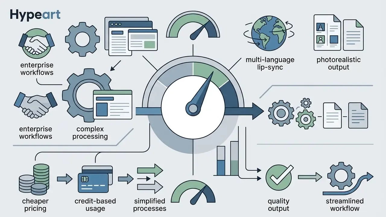 Icons showing how enterprise workflows and credit usage feed into gauges for measuring AI video tool value