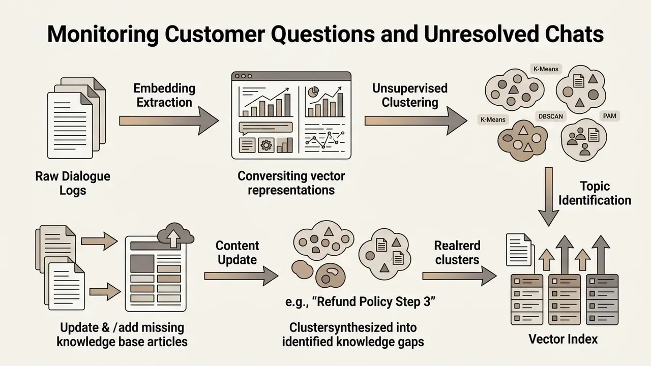 Process flow converting raw chat logs into clustered topics to update a knowledge base vector index