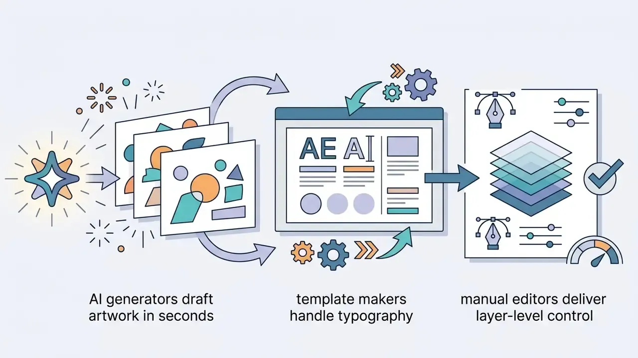 Three stages showing the transition from AI artwork generation to template typography and manual layering