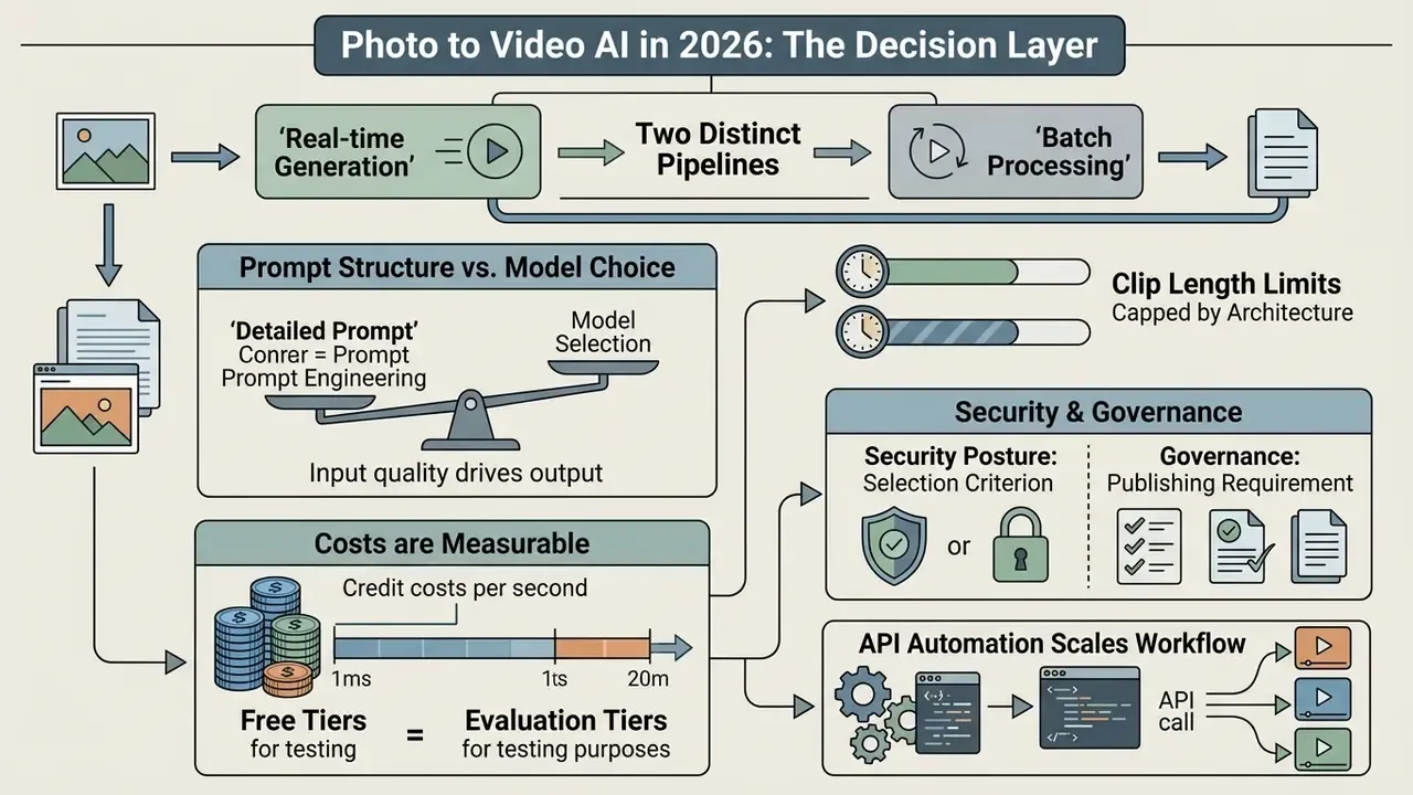 Infographic showing two pipelines for photo to video AI, highlighting prompt structure, costs, and governance