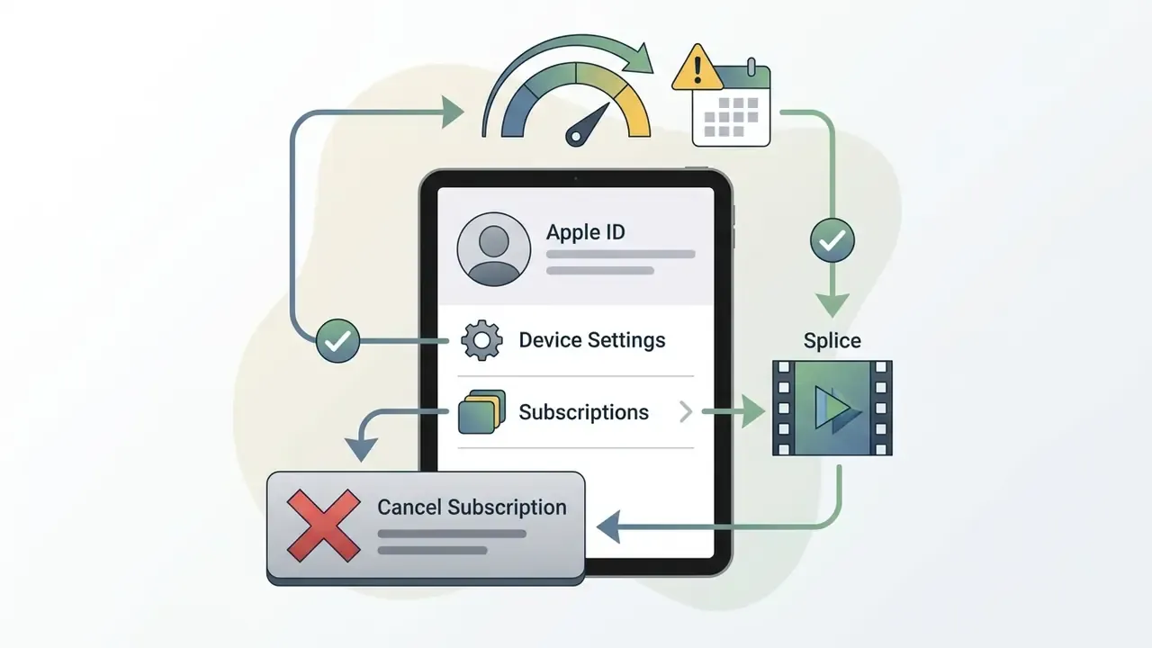 Tablet screen showing Apple ID settings with a circular path to manage and cancel app subscriptions