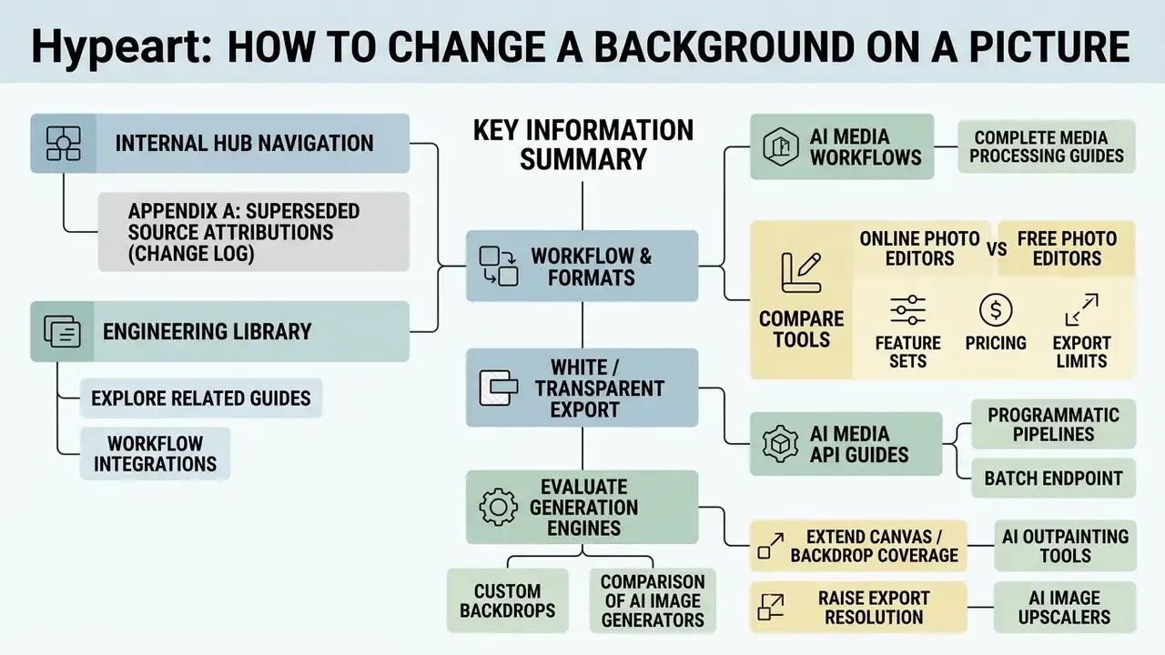 Summary map detailing how to change a background on a picture with API guides and editing tools