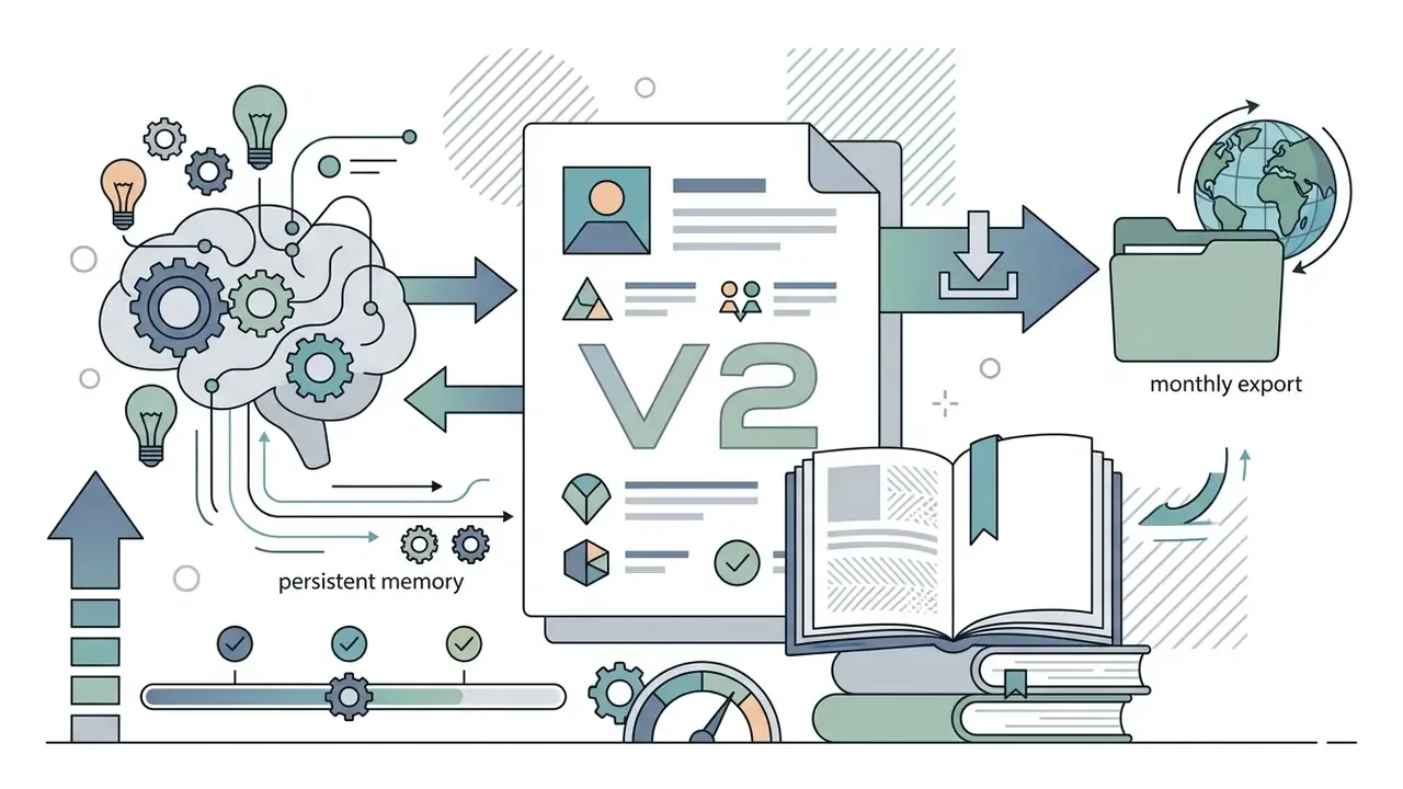 Brain with gears and lightbulbs connecting to a V2 character card, lorebooks, and a monthly export folder