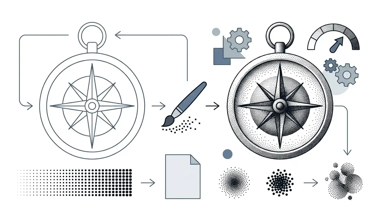 Line drawing of a compass transforming into a stippled version through a brush icon and dot patterns