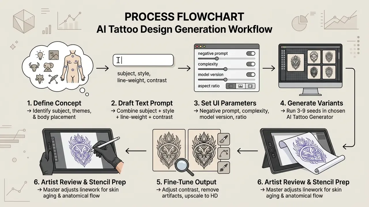 Step-by-step diagram showing the workflow to create a tattoo design using an AI tattoo generator