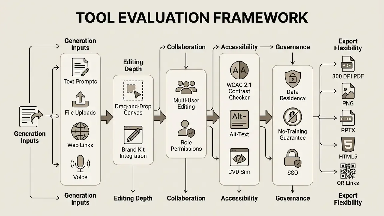 Structured framework showing six categories of design software capabilities from input to final export